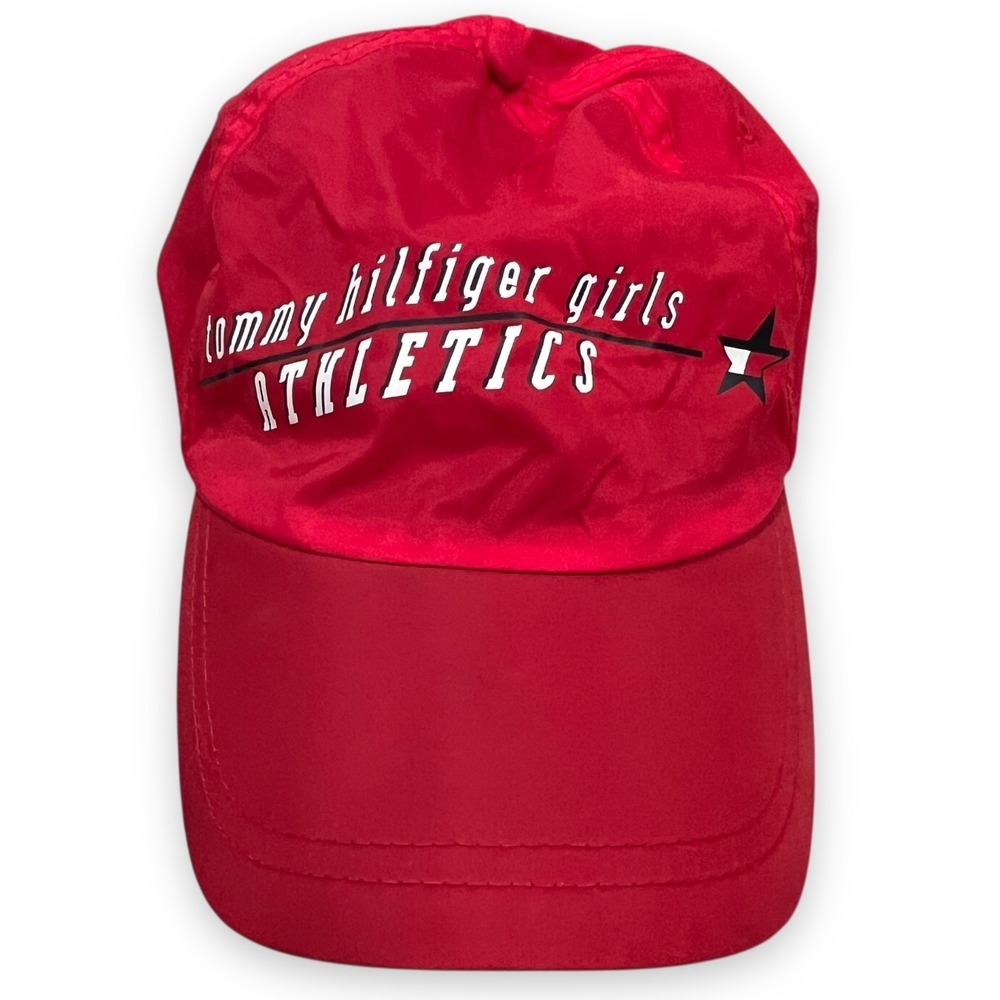 VTG Tommy Hilfiger Girls Athletics Nylon Hat Cap Red Cinch Y2K Adjustable 90s